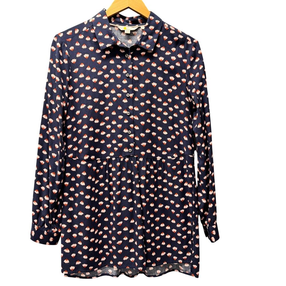 Boden Blouse Womens 6‎ Blue Floral Popover Babydoll Hem Tunic Boho Cottage Shirt